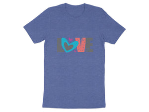Blue t-shirt with "LOVE" graphic featuring hearts and stars.