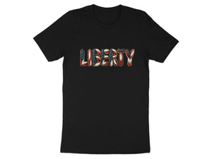 Black t-shirt with "LIBERTY" text in patriotic American flag design.