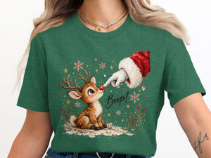Santa's gloved finger booping a reindeer's nose with "Boop!" text.