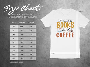 BELLA+CANVAS unisex tee size chart with width and length measurements in inches and graphic.