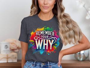 Dark gray t-shirt with "REMEMBER YOUR WHY" text in colorful, distressed lettering.