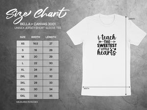 BELLA + CANVAS 3001 size chart for unisex short sleeve tee with measurements.