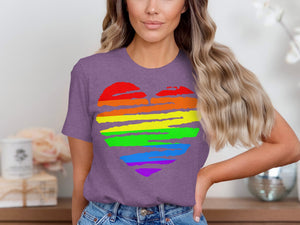 Purple t-shirt with a distressed rainbow heart graphic.
