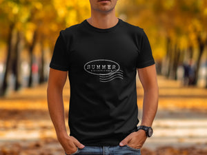 Black t-shirt with white oval graphic reading "SUMMER IS A STATE OF MIND".