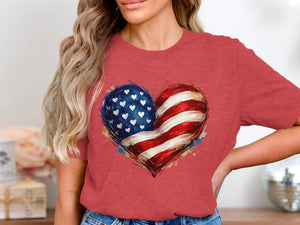 Red t-shirt with a heart graphic featuring the American flag design.