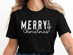 Black t-shirt with white text "Merry Christmas" and a line-art Christmas tree.