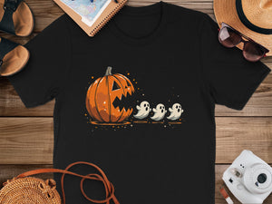 Black t-shirt with Halloween pumpkin and three ghosts graphic.