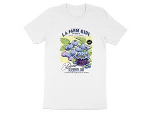 L.A. Farm Girl blueberry jam graphic on a white t-shirt.