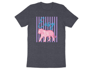 T-shirt with pink tiger and blue "Easy" text on purple stripes.