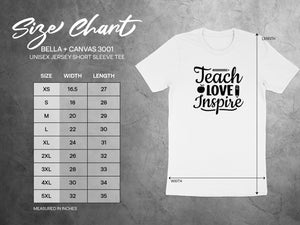 BELLA + CANVAS 3001 unisex t-shirt size chart with dimensions in inches.