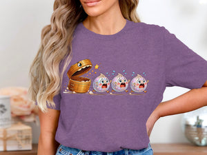 Cartoon steamed buns run from an open bamboo steamer with surprised expressions.