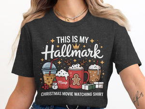This is my Hallmark Christmas movie watching shirt with drinks and gifts.