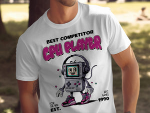 White t-shirt with "BEST COMPETITOR CPU PLAYER" and pixelated gaming character.
