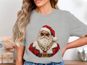 Santa Claus with sunglasses and large diamond necklace on a grey t-shirt.