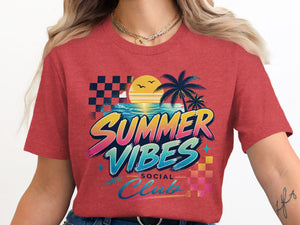 Red t-shirt with "Summer Vibes Social Club" text and retro beach graphic.