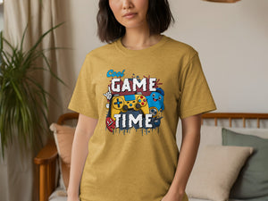 Yellow t-shirt with "Cool Game Time" text featuring video game controller and cartoon characters.