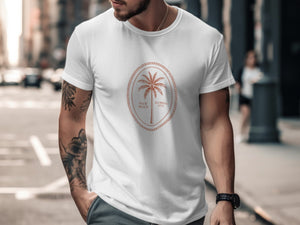 White t-shirt with palm tree, Palm Beach, and Florida 1974 graphic.