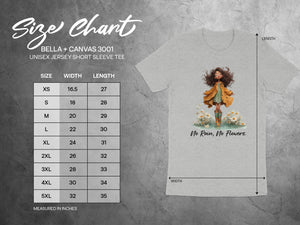Bella + Canvas 3001 unisex t-shirt size chart with measurements in inches.