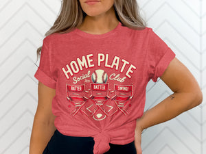 Red shirt with "Home Plate Social Club" text and baseball graphic.