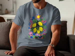 Grey t-shirt with lemons, sun, and colorful floral abstract art design.