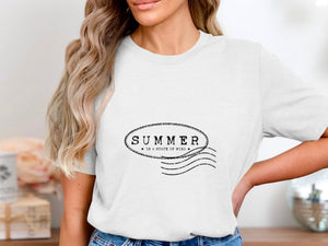 White t-shirt with black text: SUMMER IS A STATE OF MIND.