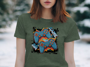 Green t-shirt with graphic of two blue video game controllers and the word "GAME".
