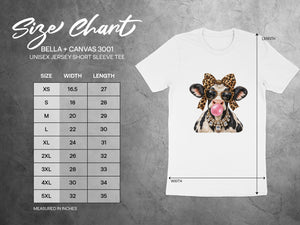 Size chart for Bella + Canvas 3001 Unisex Jersey Short Sleeve Tee.