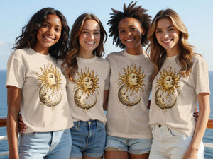 Four women wear tan t-shirts with a sun and moon celestial graphic.