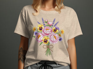 T-shirt with a watercolor floral bouquet print featuring peonies.