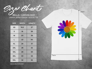 BELLA + CANVAS 3001 unisex tee size chart with width and length measurements in inches.