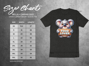 Unisex Bella + Canvas 3001 size chart with koala graphic holding "Food Lover" sign.