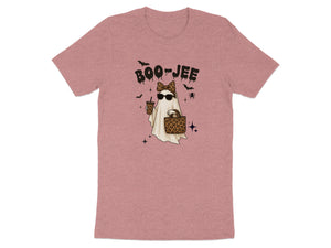 Ghost with sunglasses, leopard bow, coffee, and purse, with "Boo-Jee" text.