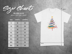 Gildan 5000 Heavy Cotton T-Shirt size chart with width and length measurements in inches.