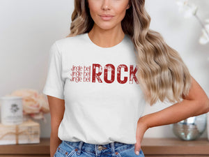 White t-shirt with red text "jingle bell jingle bell jingle bell ROCK".