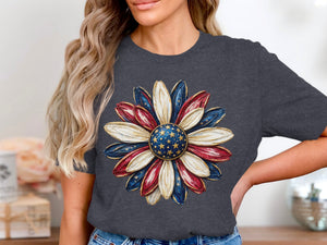 Dark gray t-shirt with a patriotic star-spangled banner flower graphic.