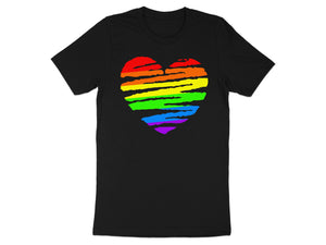 Black t-shirt with rainbow-colored textured heart graphic.