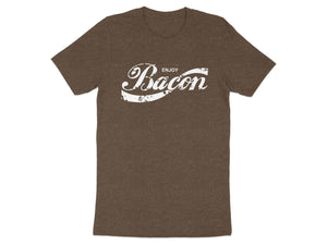 Brown t-shirt with white distressed text "ENJOY Bacon"