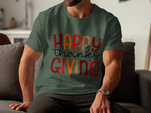 Dark green t-shirt with "HAPPY thanks GIVING" in colorful lettering.