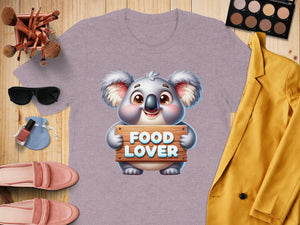 Purple t-shirt with a cartoon koala holding a "FOOD LOVER" sign.
