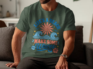 Green t-shirt with "Life's a Beach Make Some Waves" text and beach graphics.