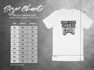 BELLA + CANVAS 3001 size chart for unisex jersey short sleeve tee.