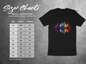 Size chart for Bella + Canvas 3001 unisex tee, listing sizes XS to 5XL with width and length.