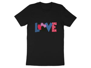 Black t-shirt with word "LOVE" in patterned hearts and geometric shapes.