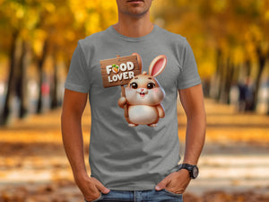 Cute cartoon bunny holds a "Food Lover" sign with a carrot.