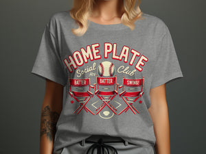Gray t-shirt with Home Plate Social Club graphic featuring baseball, director chairs, and text.