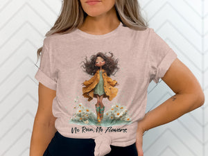 Girl in raincoat and boots among daisies, with text "No Rain, No Flowers."