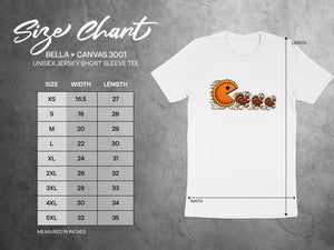 Bella + Canvas 3001 size chart with measurements for unisex short sleeve tee.