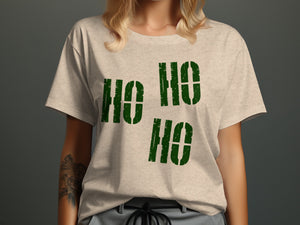 Light grey t-shirt with distressed green "HO HO HO" text across the chest.