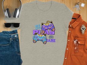 Grey t-shirt with cat-themed video game controllers and text.