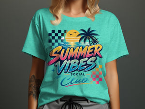 Teal t-shirt with "Summer Vibes Social Club" text and a retro sunset beach scene.